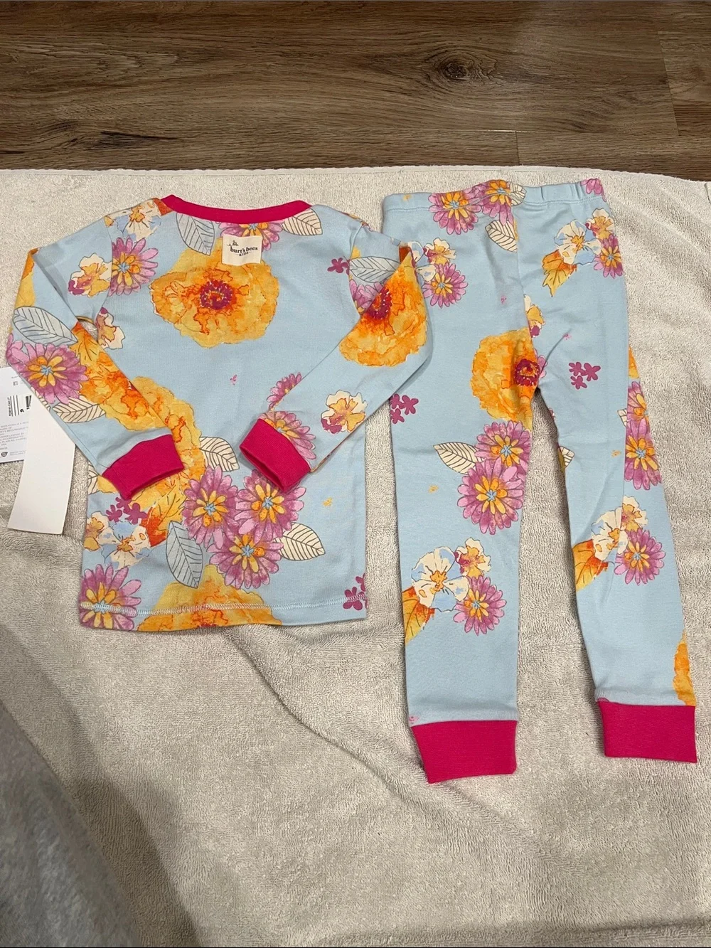 Burt's Bees Light Blue Floral Pajama Set with Orange and Pink Accents